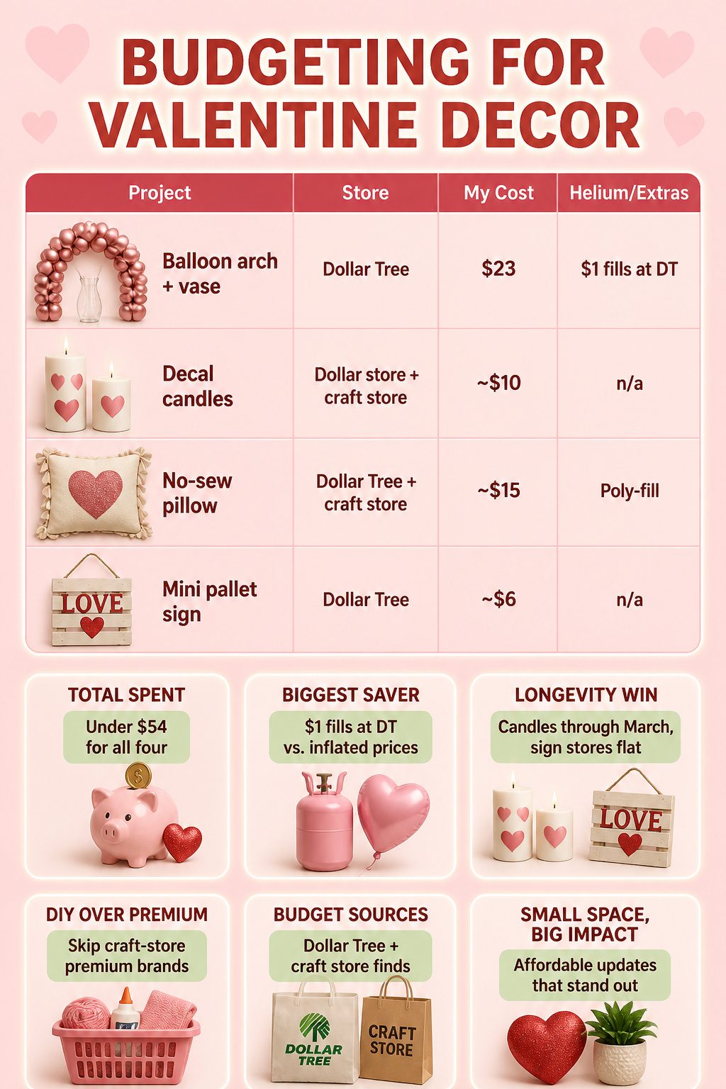 Table showing project costs for Valentine decorations from various stores.