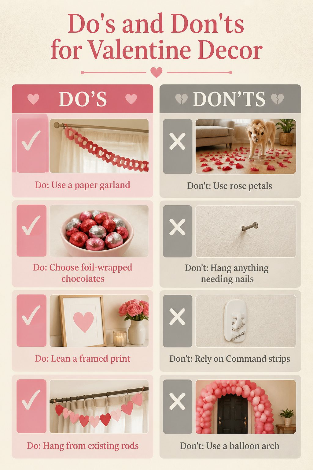 List of do's and don'ts for Valentine decor projects.