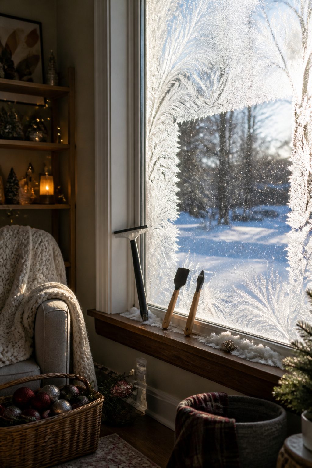 How to Use Snow Spray on Windows: 9 Steps for Decorating Glass in 2026 6 A window scraper and silicone brushes beside a creatively decorated window.