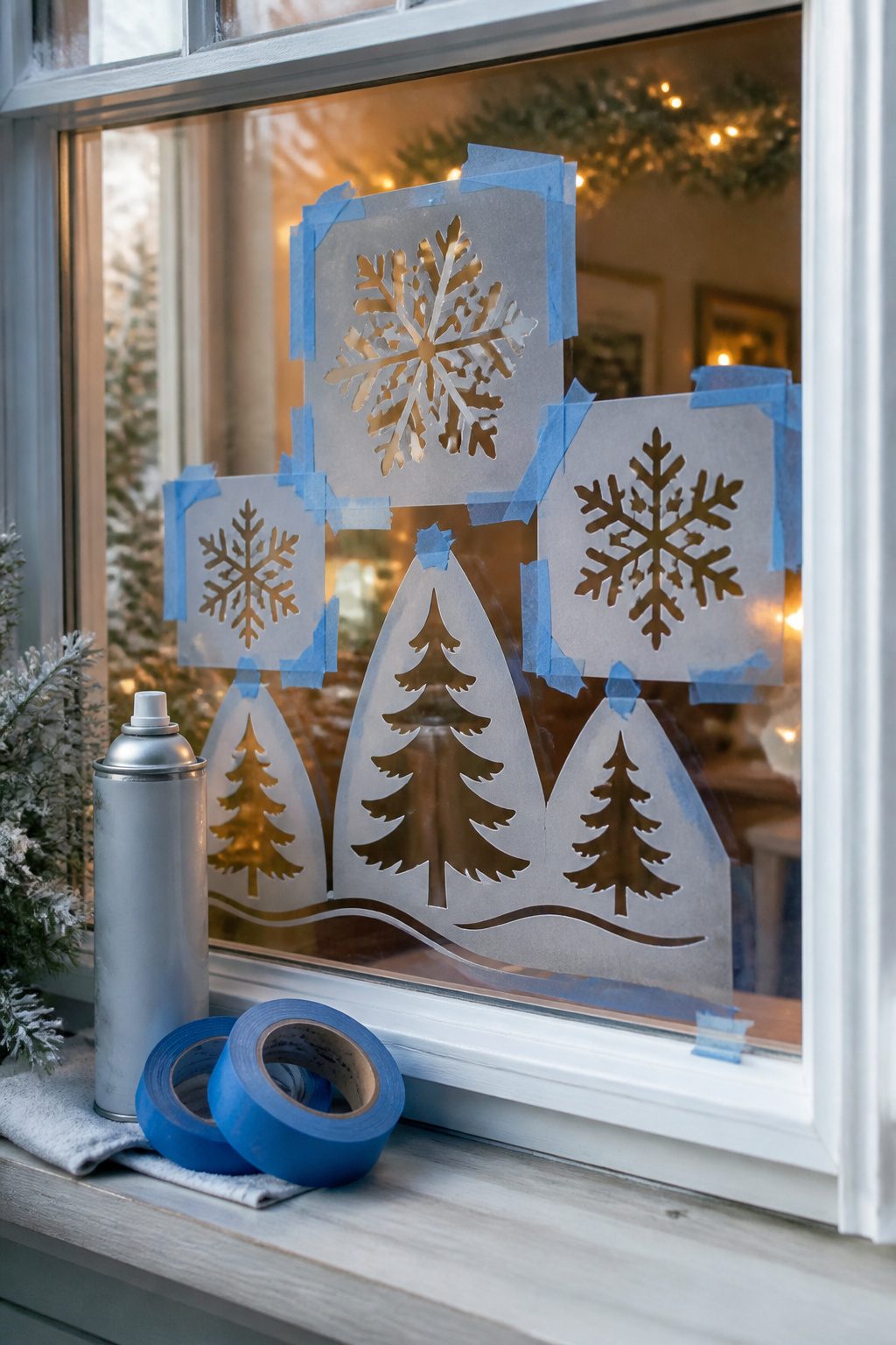 How to Use Snow Spray on Windows: 9 Steps for Decorating Glass in 2026 7 A set of stencils for snowflakes and trees used on a window.
