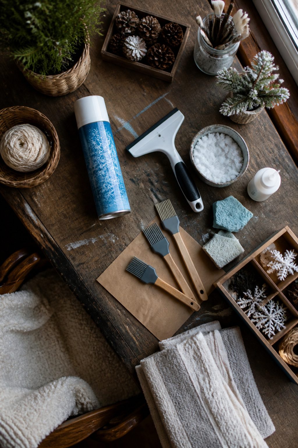 How to Use Snow Spray on Windows: 9 Steps for Decorating Glass in 2026 10 Snow spray cans and tools like a window scraper and silicone brushes.