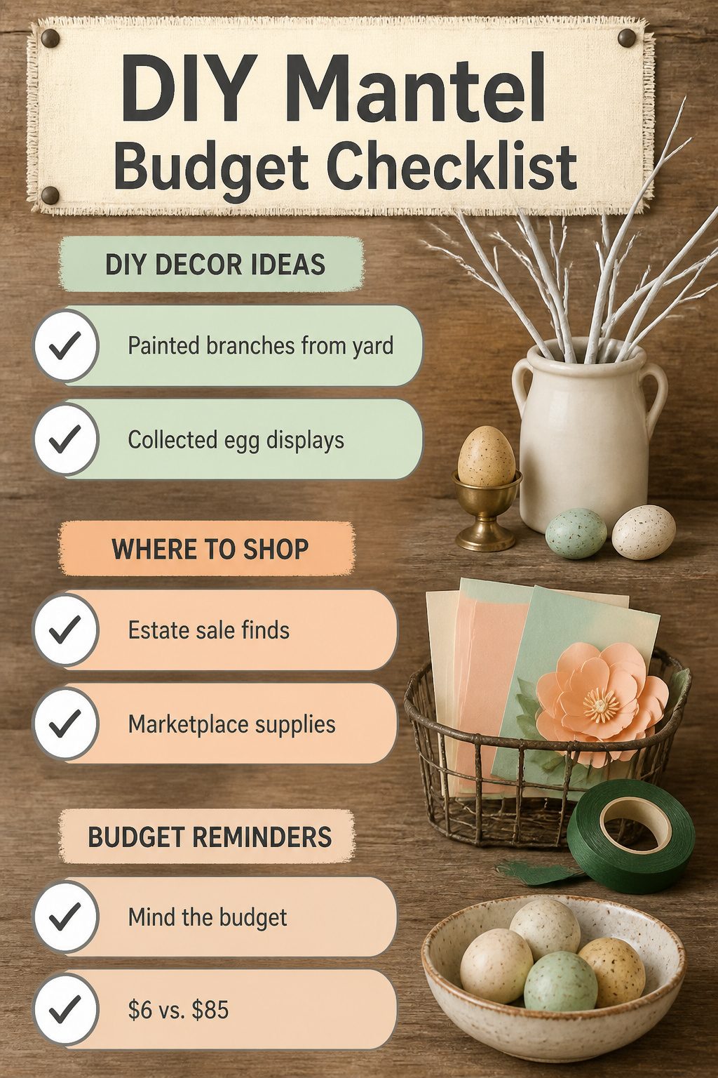 8 Spring Mantel Ideas for 2026: Rustic, Floral, Easter, Minimalist & More 11 A checklist for DIY mantel decorating on a budget.
