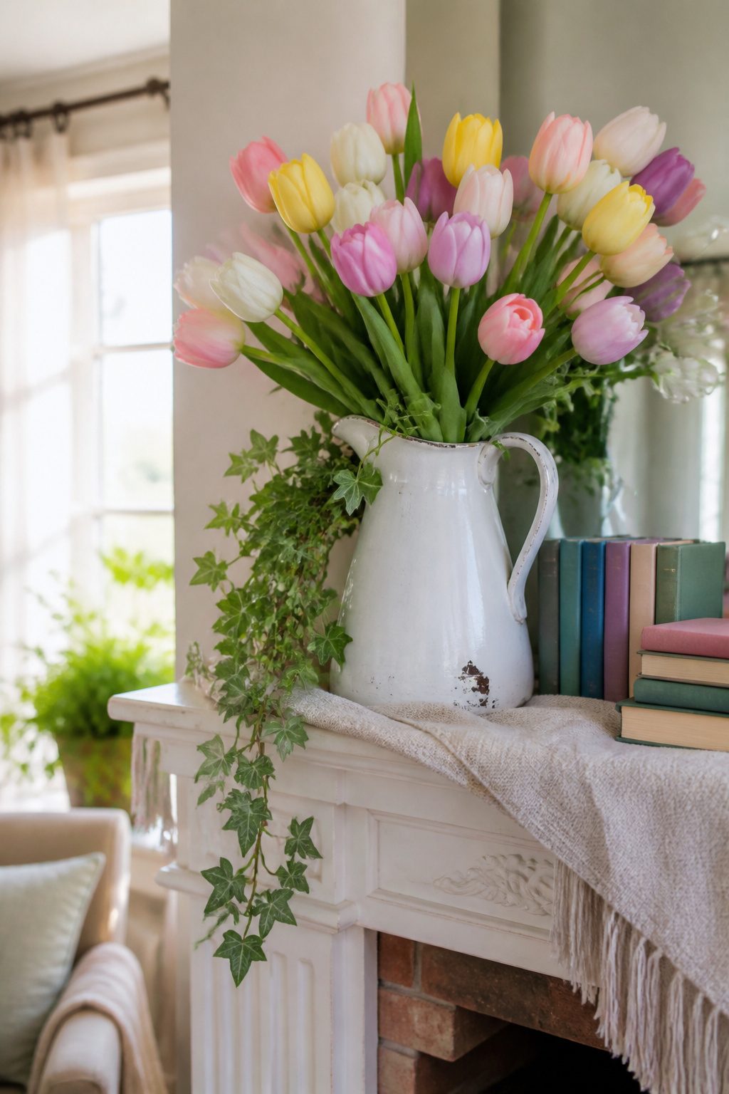 8 Spring Mantel Ideas for 2026: Rustic, Floral, Easter, Minimalist & More 2 A mantel with tulips, ivy, and a vintage pitcher as decor.
