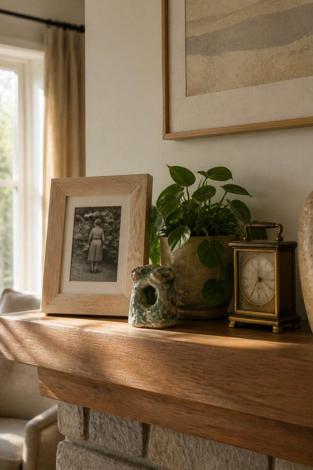8 Spring Mantel Ideas for 2026: Rustic, Floral, Easter, Minimalist & More 12 A mantel showcasing a family photo and handmade decorations.