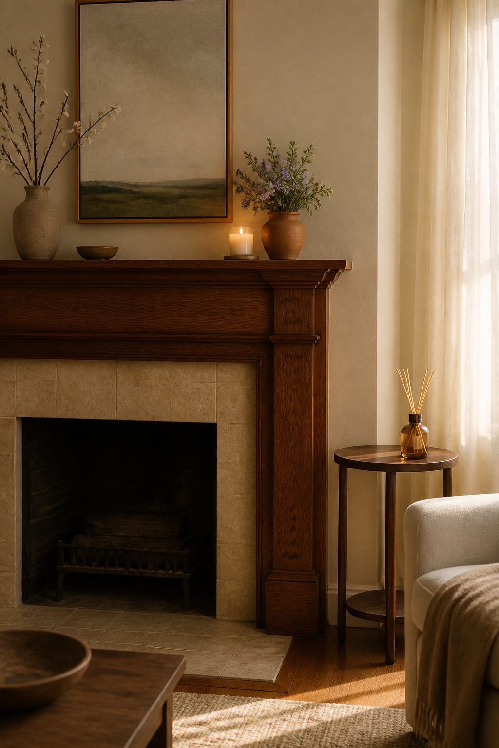 8 Spring Mantel Ideas for 2026: Rustic, Floral, Easter, Minimalist & More 13 A candle on a mantel with a coaster underneath for protection.