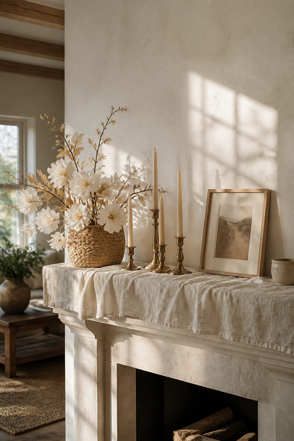 8 Spring Mantel Ideas for 2026: Rustic, Floral, Easter, Minimalist & More 8 A mantel with a linen runner, brass candlesticks, and a woven basket.