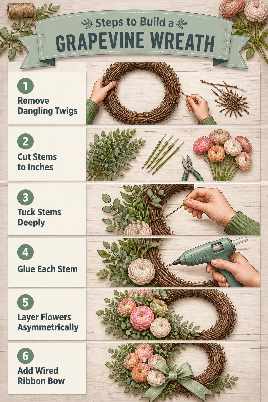 Instructions for building a grapevine wreath displayed visually.