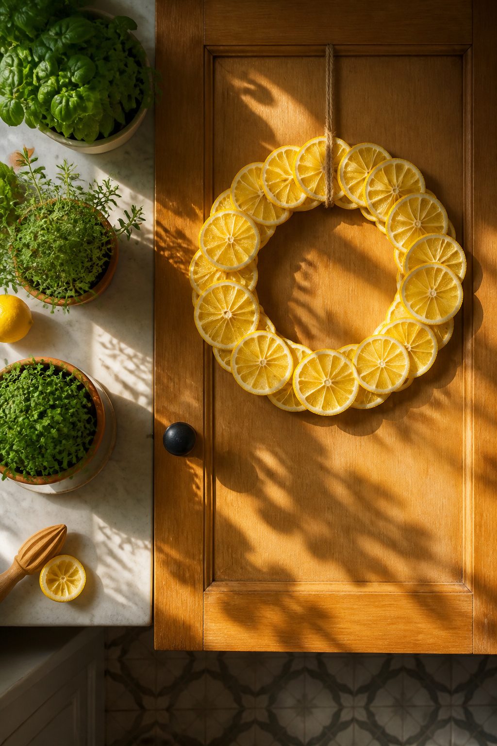 A citrus wreath featuring lemon slices on a door.