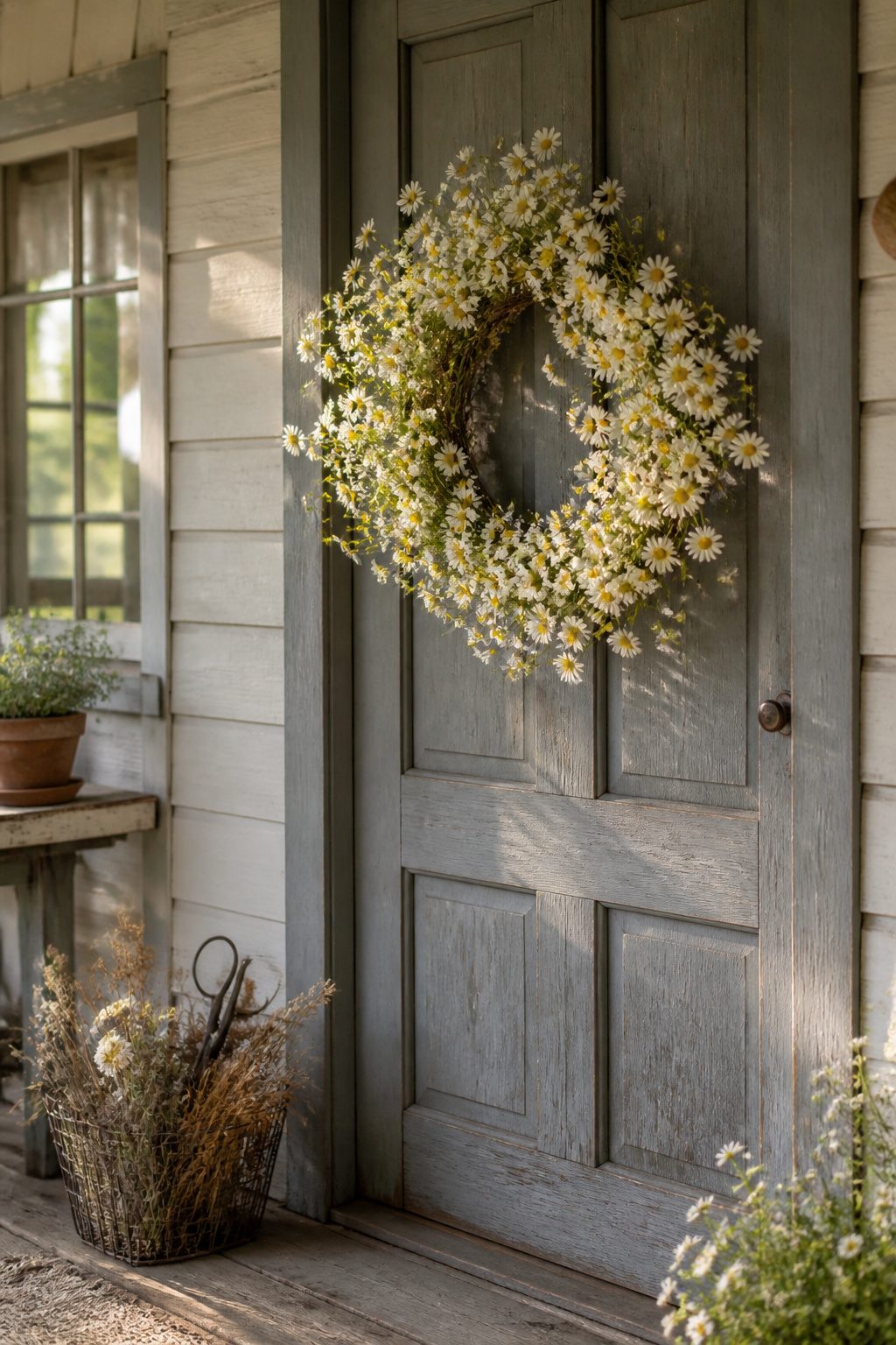 A daisy wreath with white and yellow blooms on a door.
