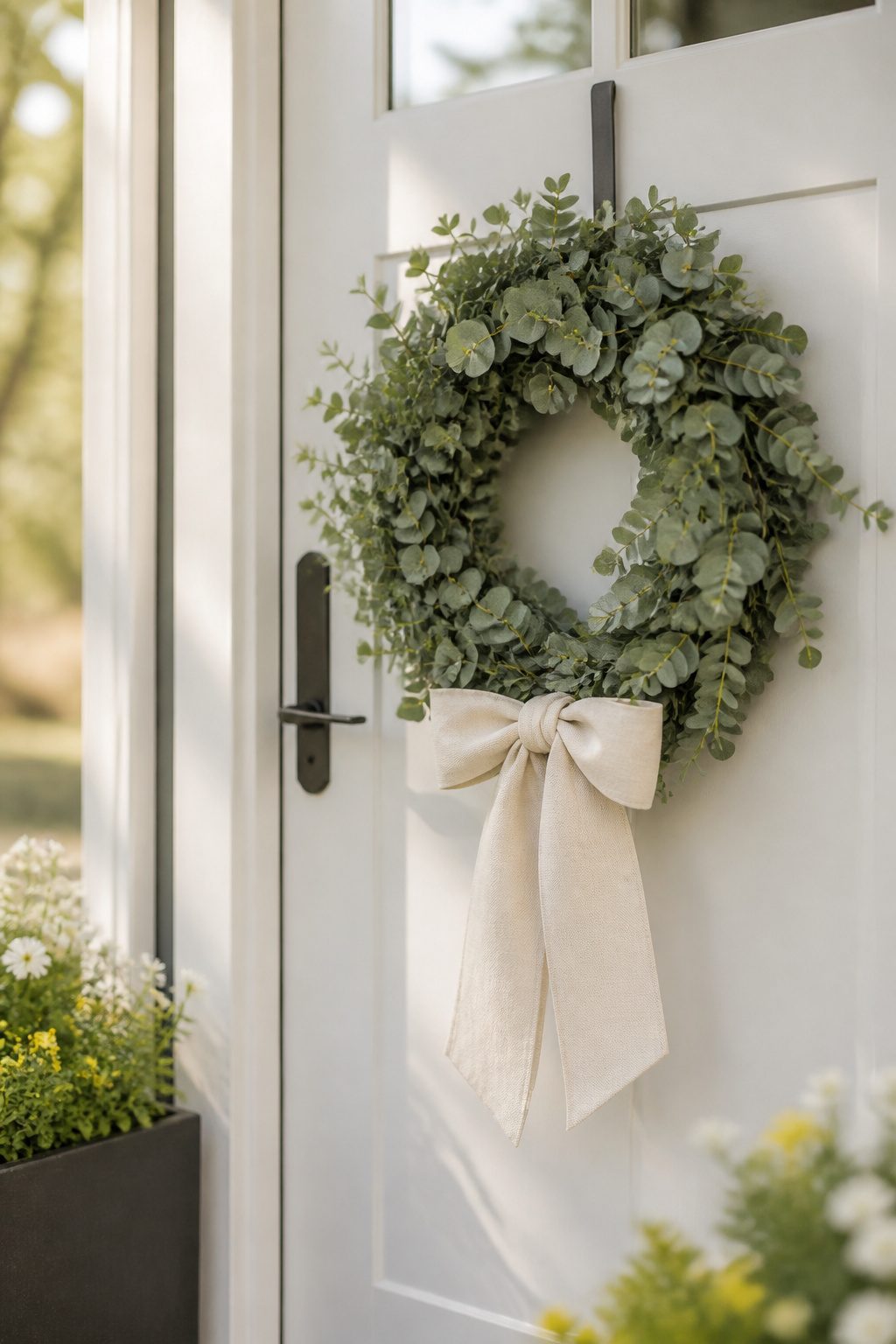 A 22-inch eucalyptus wreath on a front door.