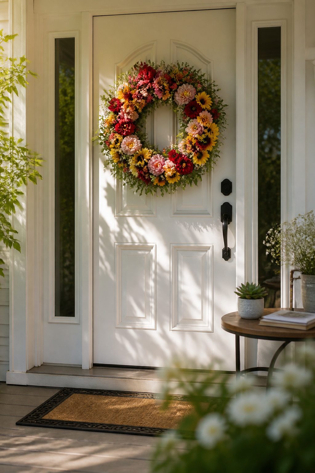 A floral wreath with various colorful flowers on a door.
