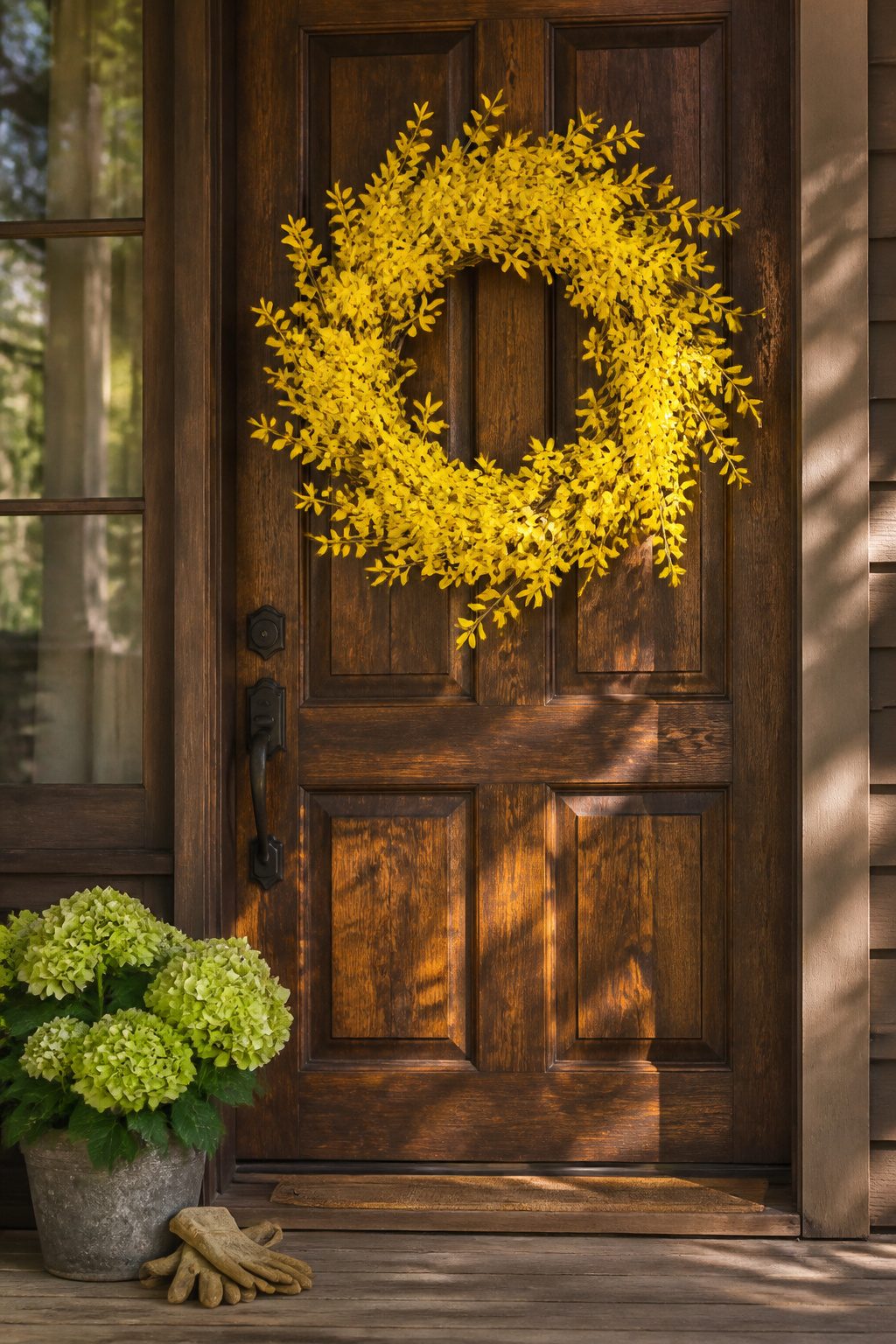 A forsythia wreath with yellow branches on a door.