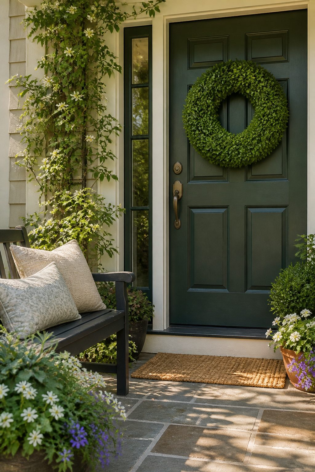 A boxwood wreath displayed on a dark green door.