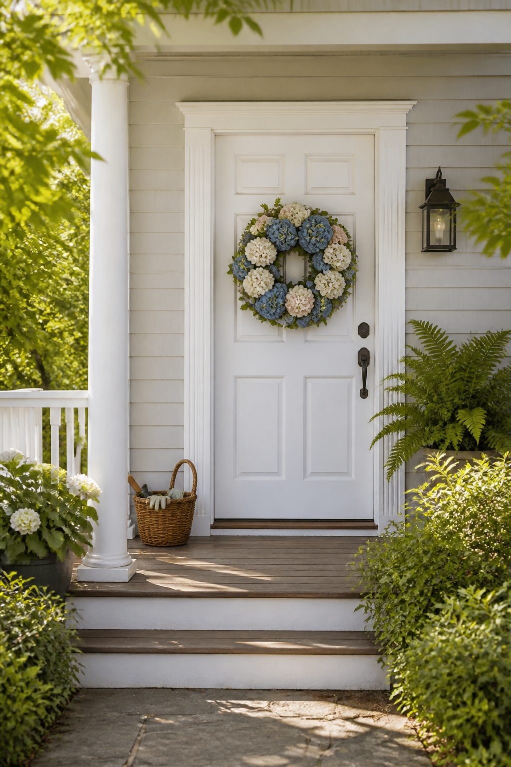 A hydrangea wreath in pink, white, and green on a door.