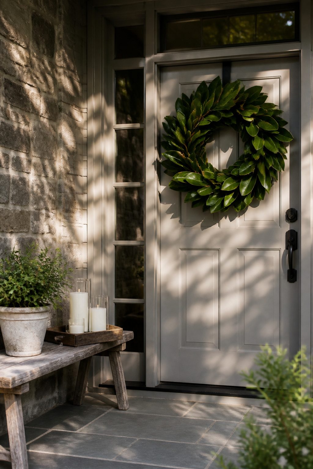 A 30-inch magnolia wreath hanging on a gray door.