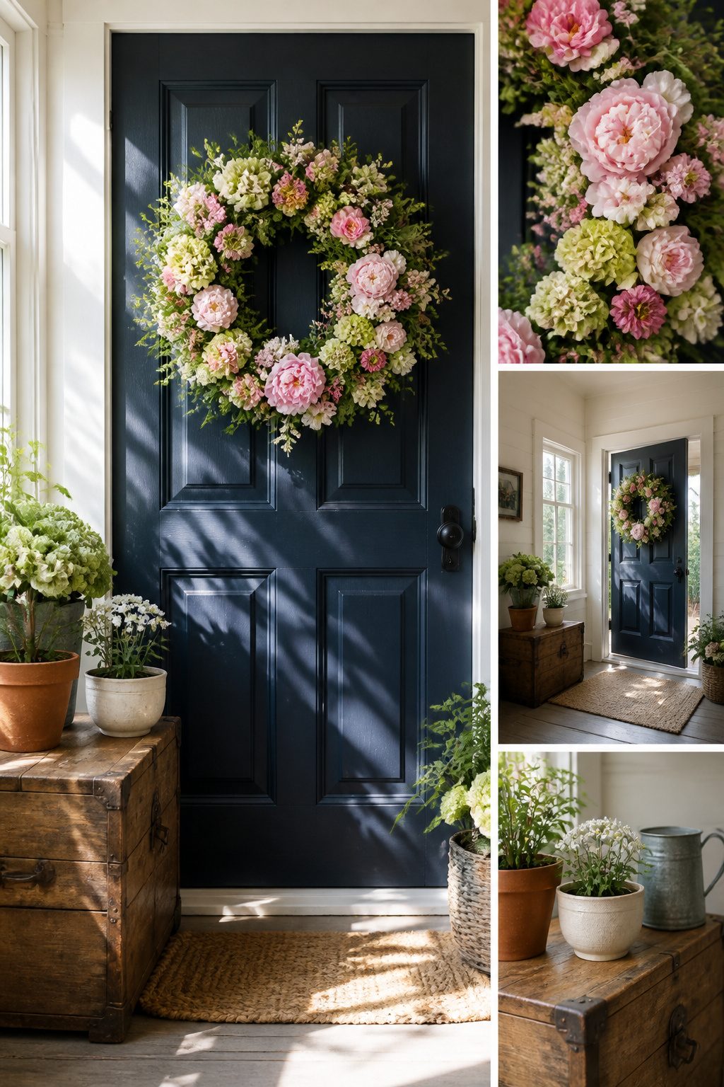 A 24-inch mixed flower wreath hanging on a door.