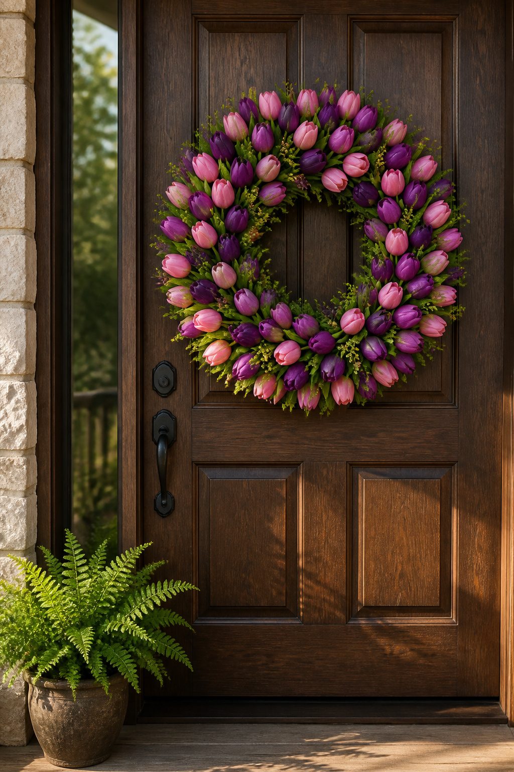 A tulip wreath with various colors and sizes on a door.