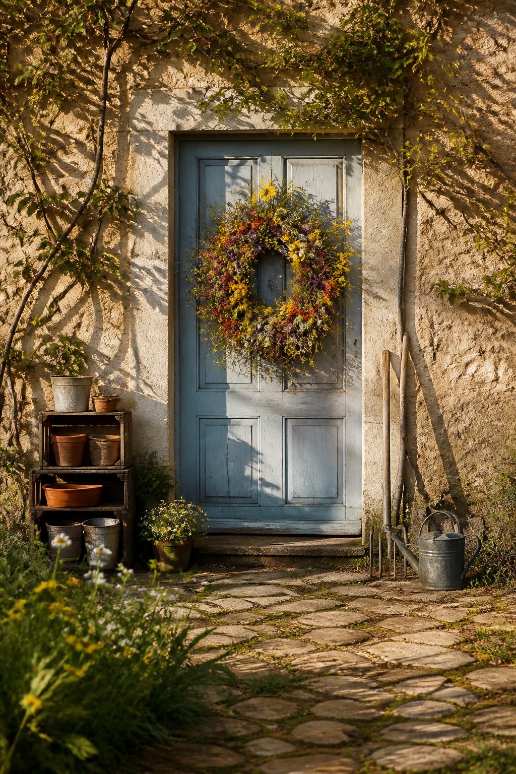 A wildflower wreath with mixed stems on a door.