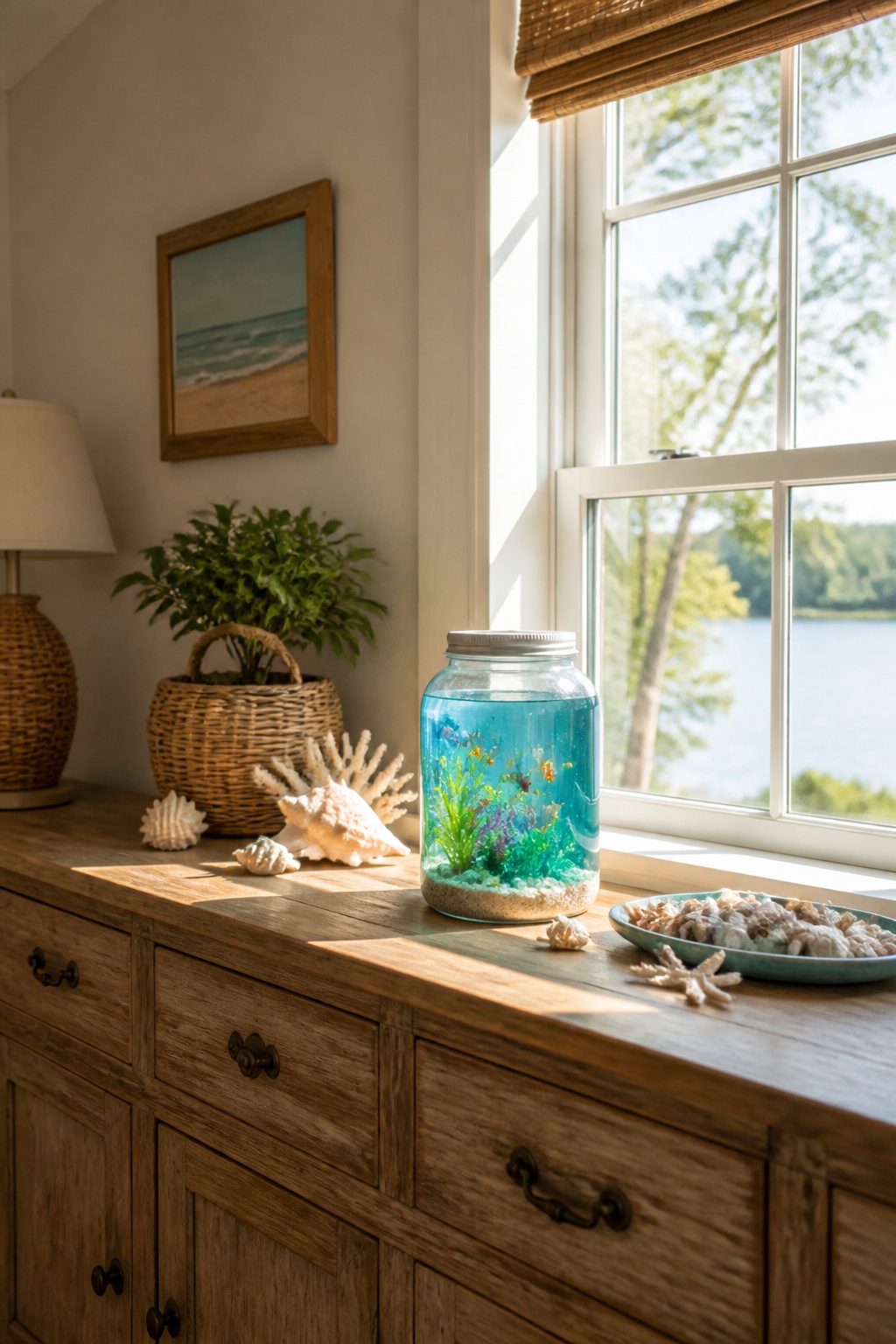 40 Summer Craft Ideas for Adults and Kids to Make in 2026 40 Mason jar aquarium containing sand, shells, and plastic plants.