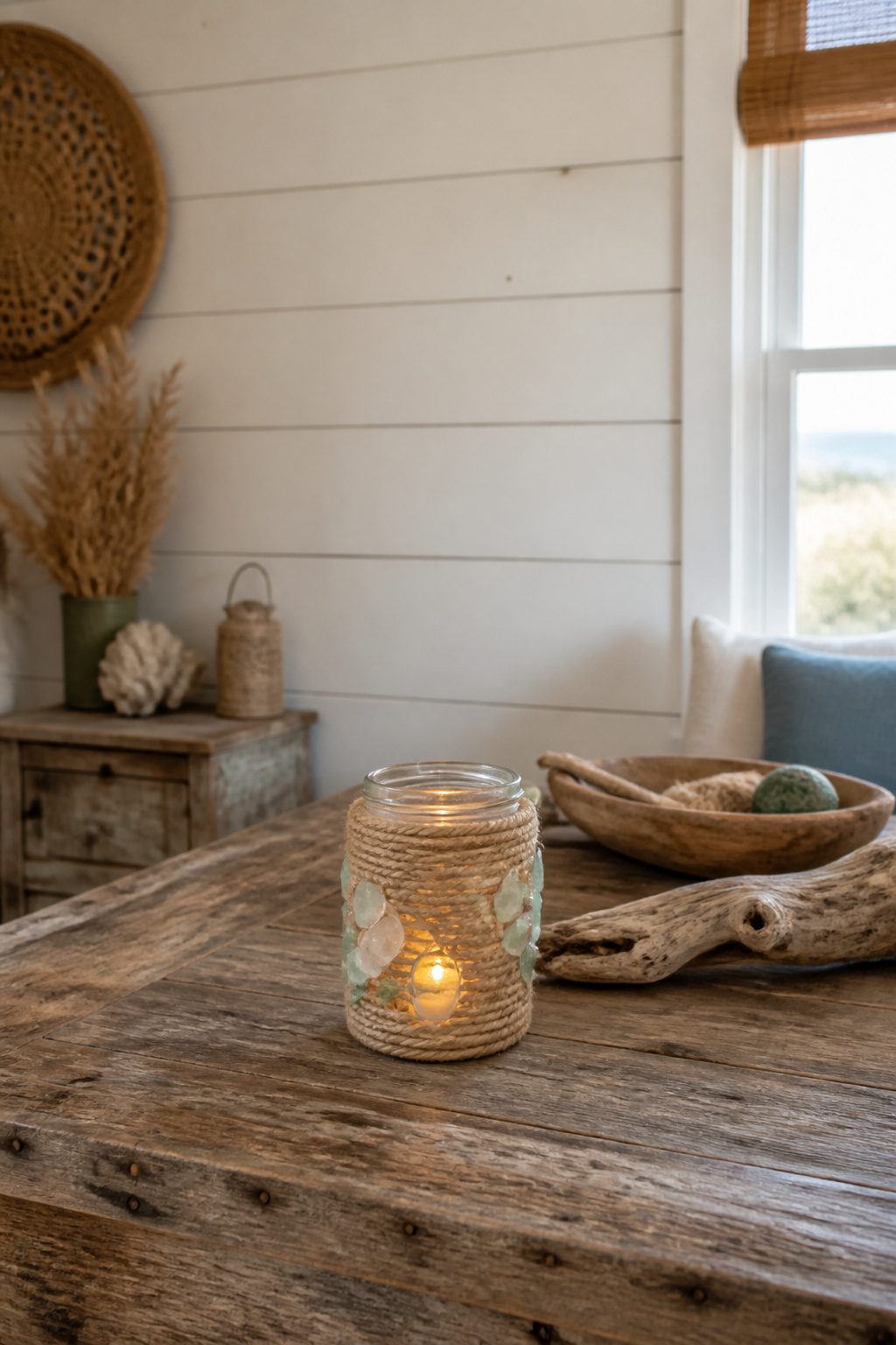 40 Summer Craft Ideas for Adults and Kids to Make in 2026 2 DIY sea glass rope lantern made from a mason jar and sisal rope.