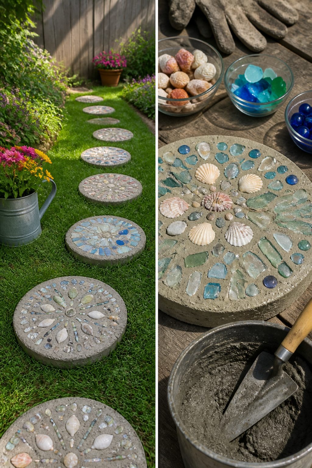 40 Summer Craft Ideas for Adults and Kids to Make in 2026 16 Concrete stepping stones with glass shards and shells embedded.