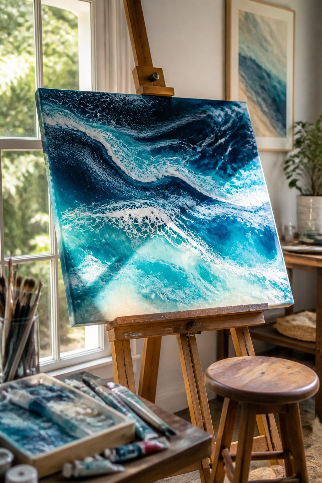 40 Summer Craft Ideas for Adults and Kids to Make in 2026 14 Layered resin artwork mimicking ocean waves in blue and white.