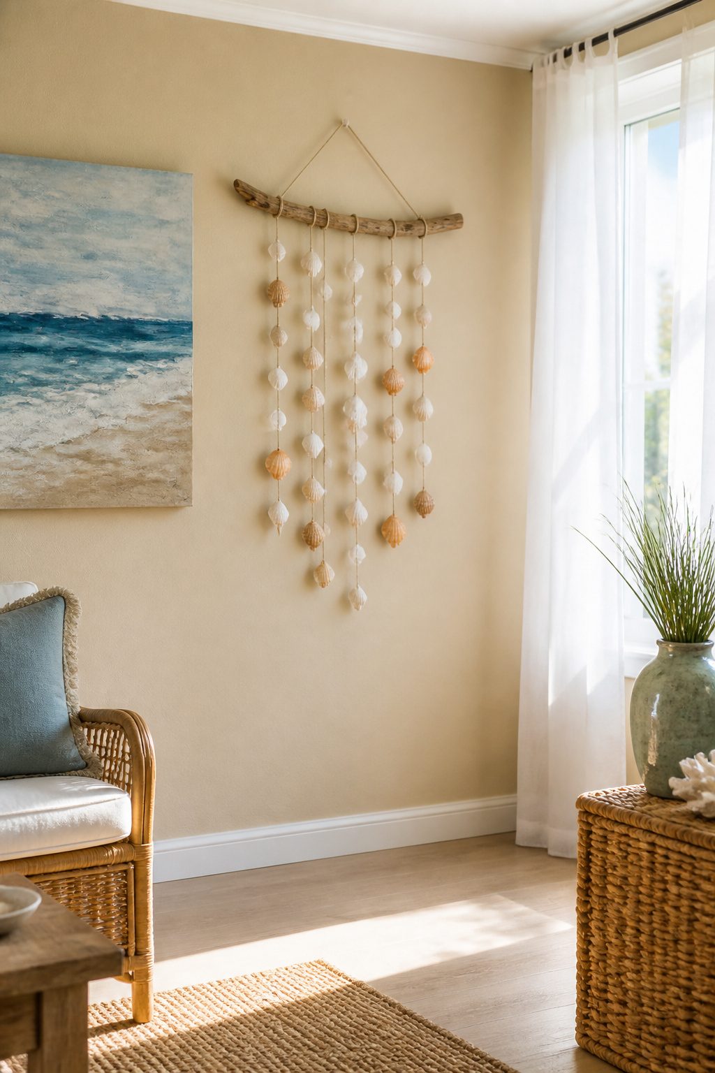 40 Summer Craft Ideas for Adults and Kids to Make in 2026 3 Seashell wall hanging made from twine and driftwood.