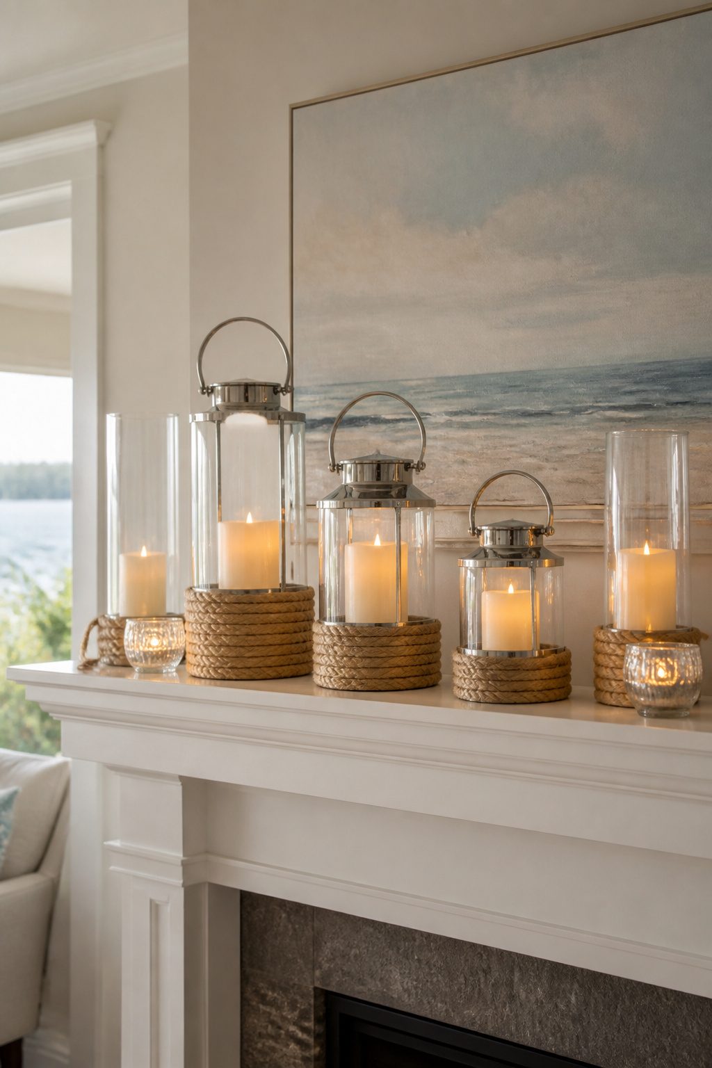 A mantel with three lanterns, two hurricanes, and glass votives.