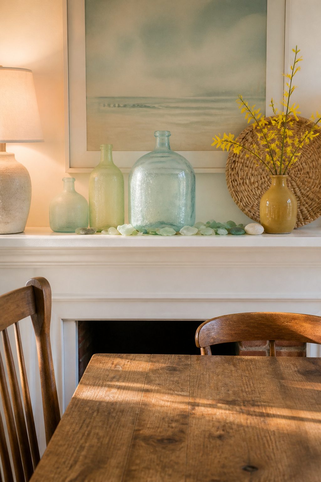 A mantel displaying aqua bottles, a yellow forsythia stem, and beach glass.