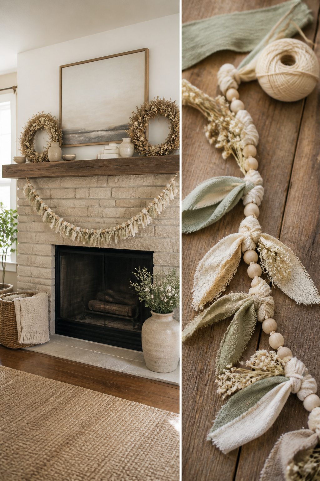 A handmade garland made from raffia and a wire hanger on the mantel.