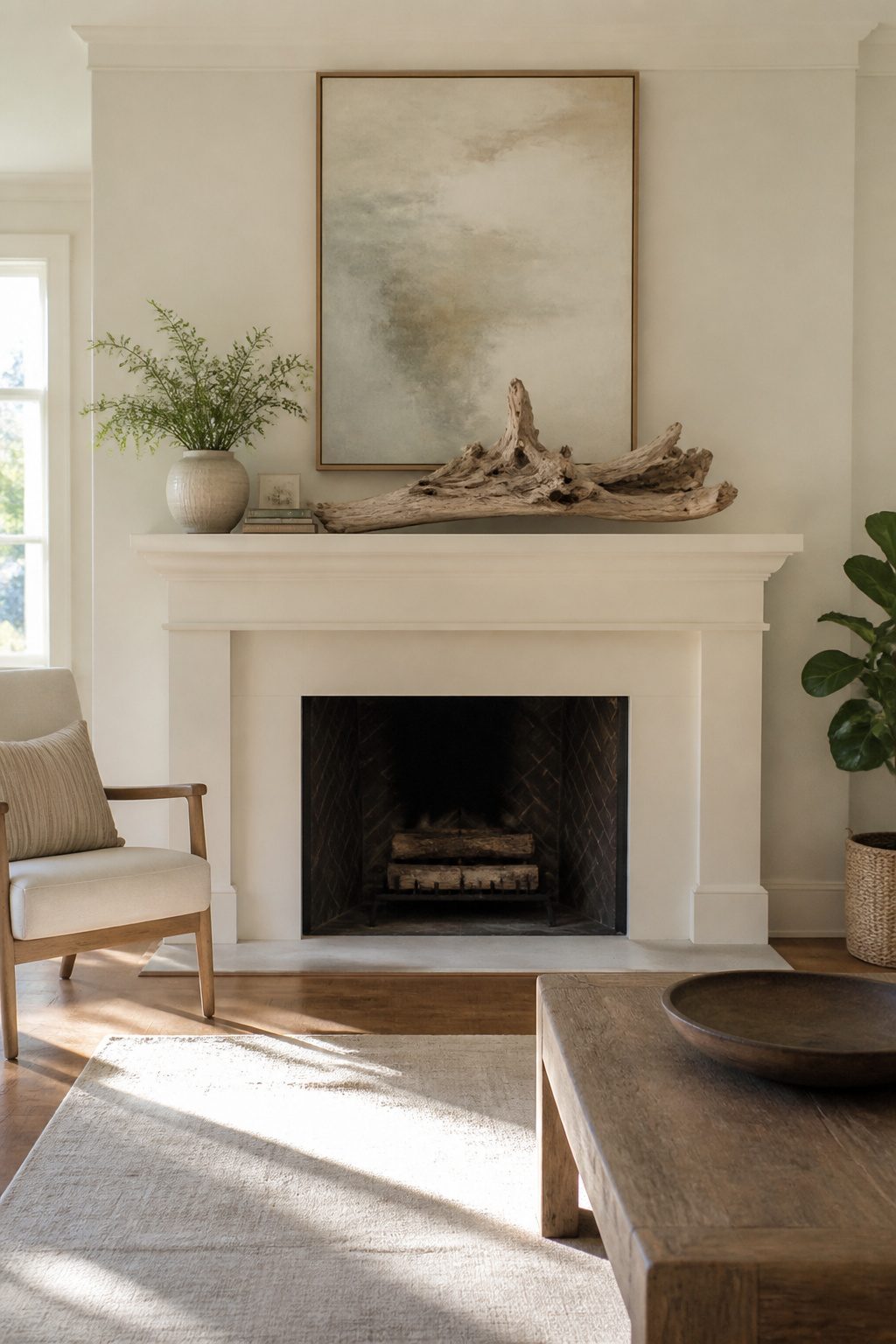 A mantel with a mirror hung at eye level for visual balance.
