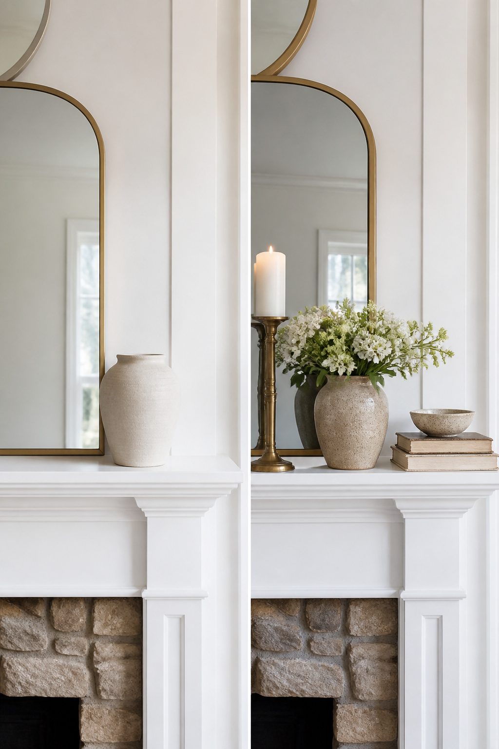 A mantel displaying items of varying heights, including tall candlesticks.