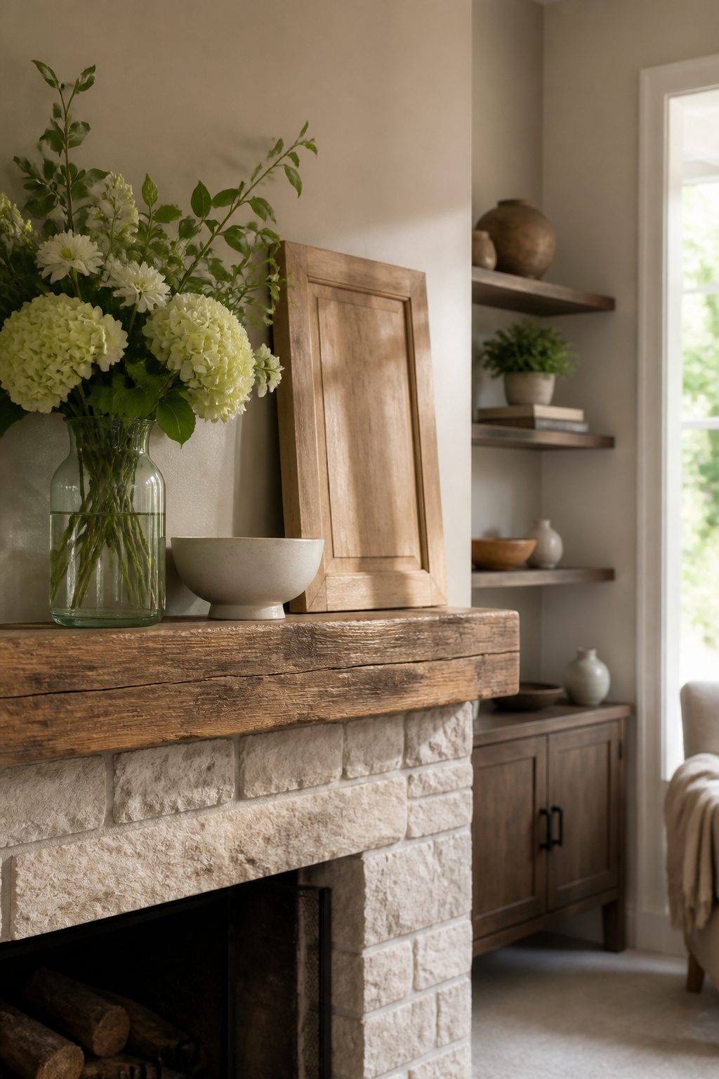 A mantel with a glass vase, a ceramic bowl, and wood leaning upright.