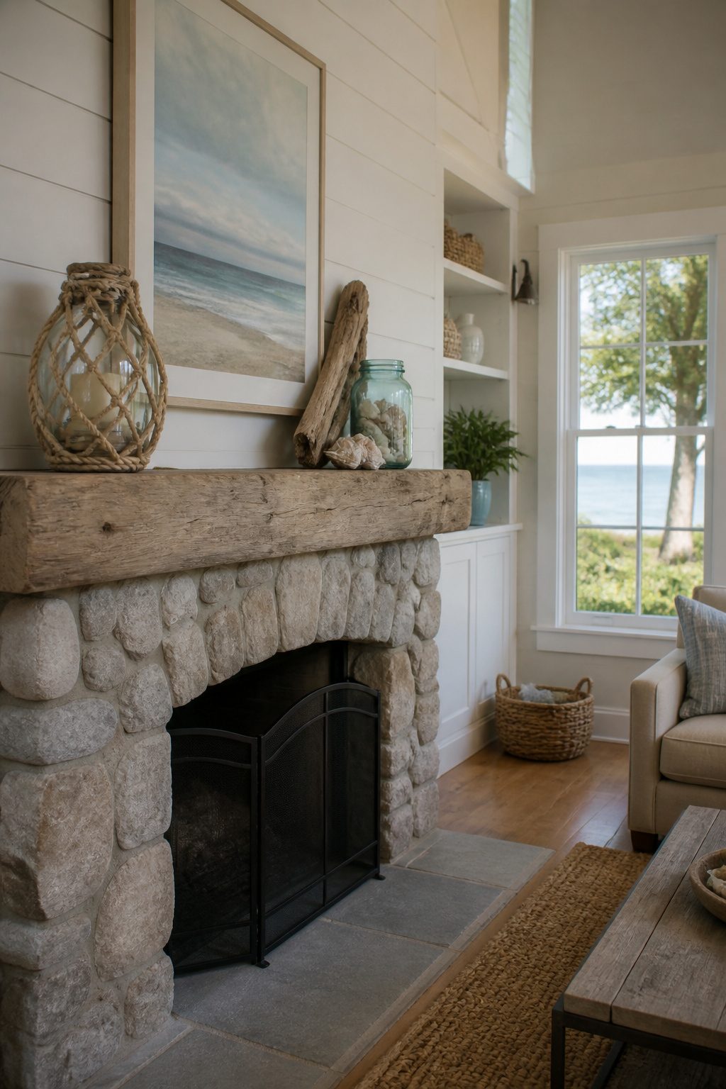 A mantel featuring wood textures, a starfish, and a vintage jar.