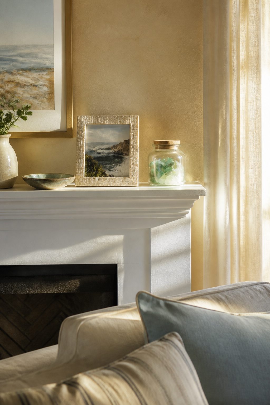 A mantel with a photo, sea glass, and a handmade ceramic dish.