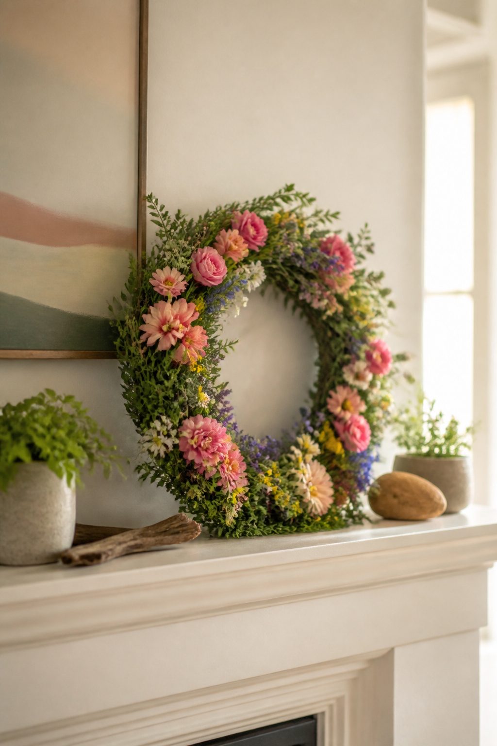 A summer wreath hung above a mantel, proportionate to its size.