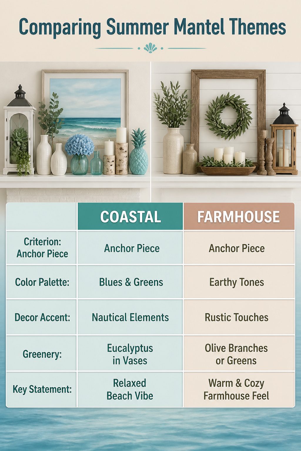 A comparison image of summer mantel themes and colors.