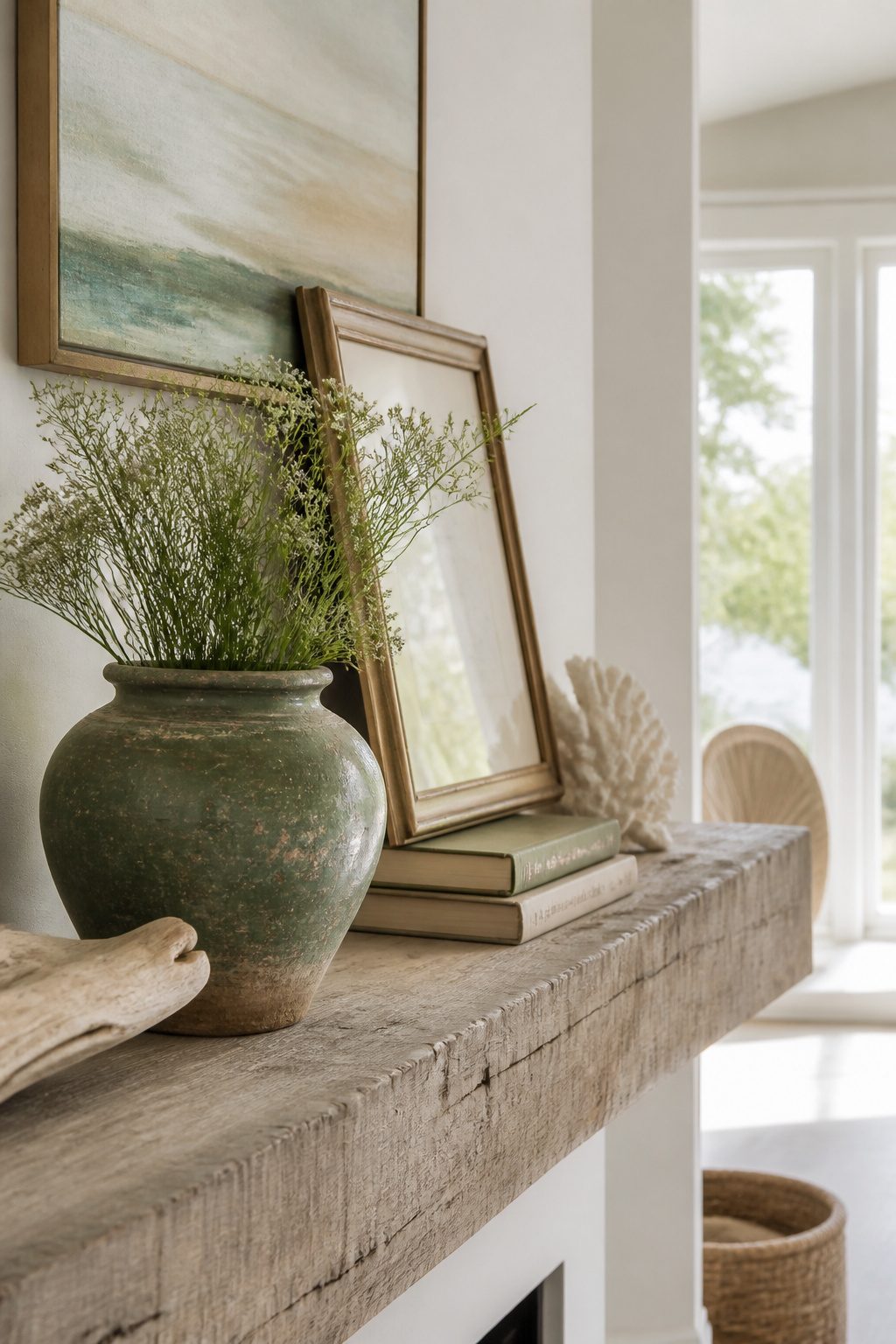 A mantel decorated with a chipped pottery piece and vintage books.