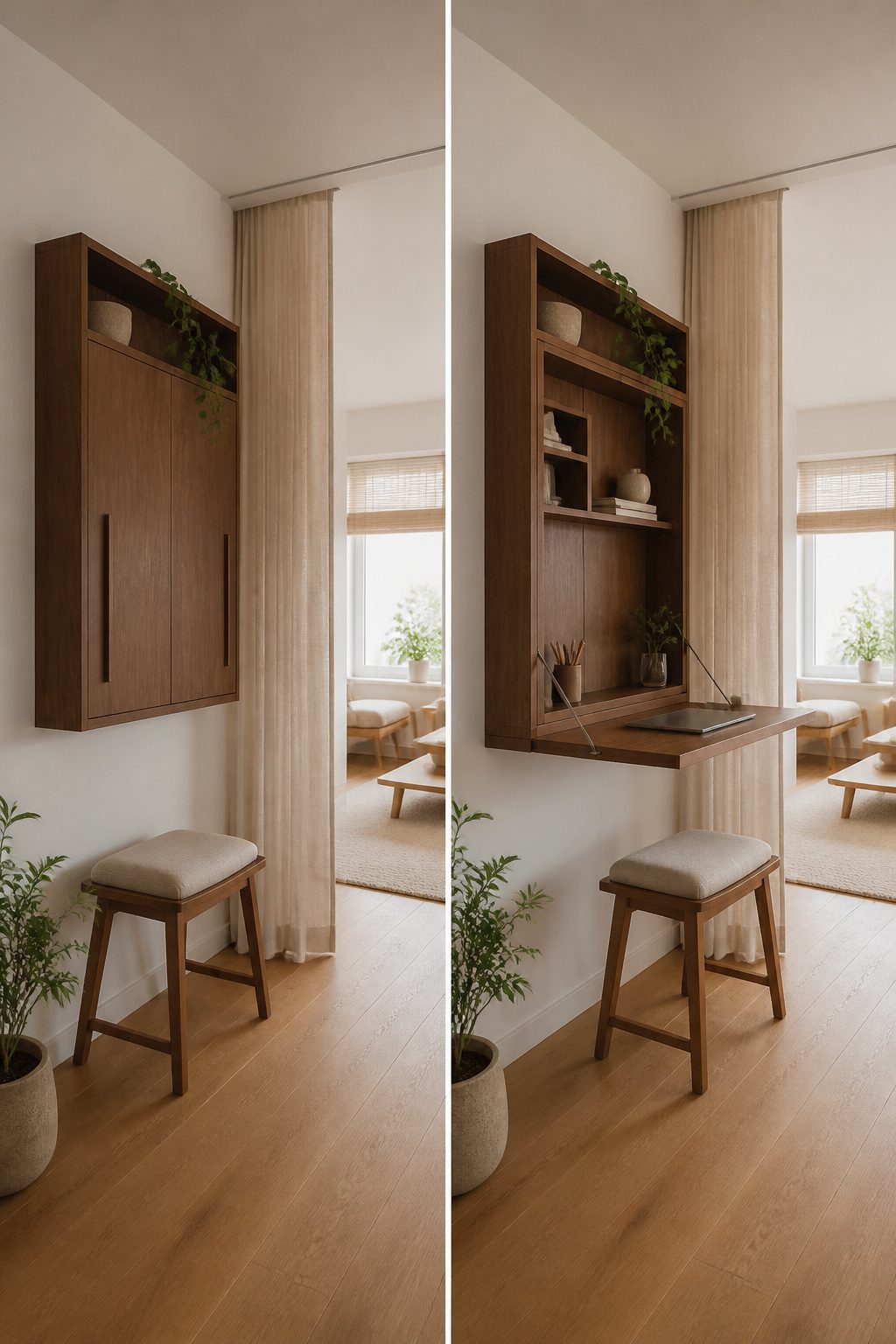 A wall-mounted Murphy desk folded down in a small room.