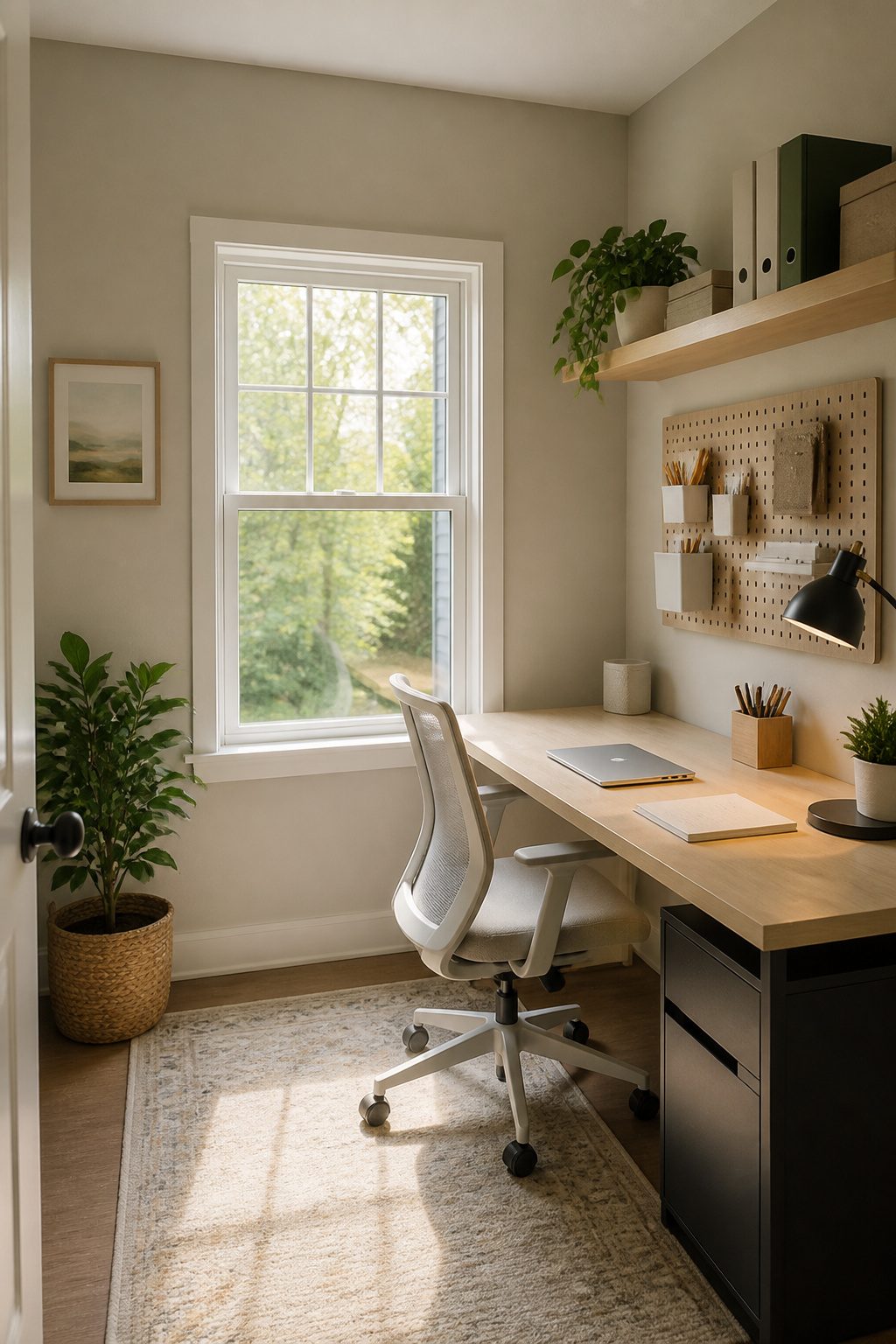 A small office with a desk by a window and wall-mounted storage.