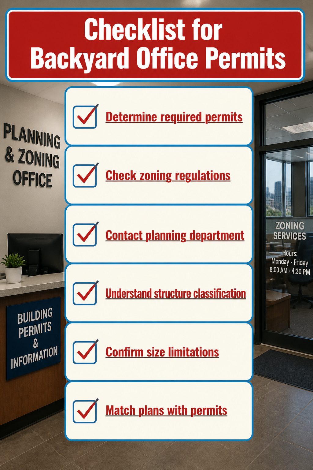 A checklist for obtaining permits for backyard offices.