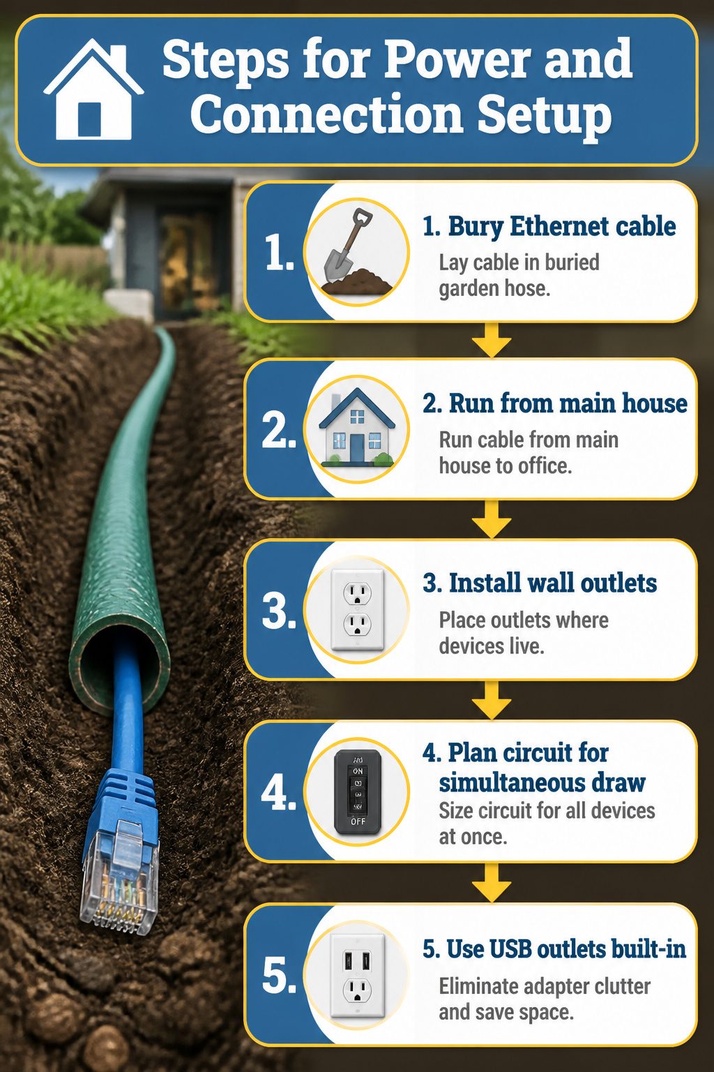 An illustration showing steps for power and connection setup.