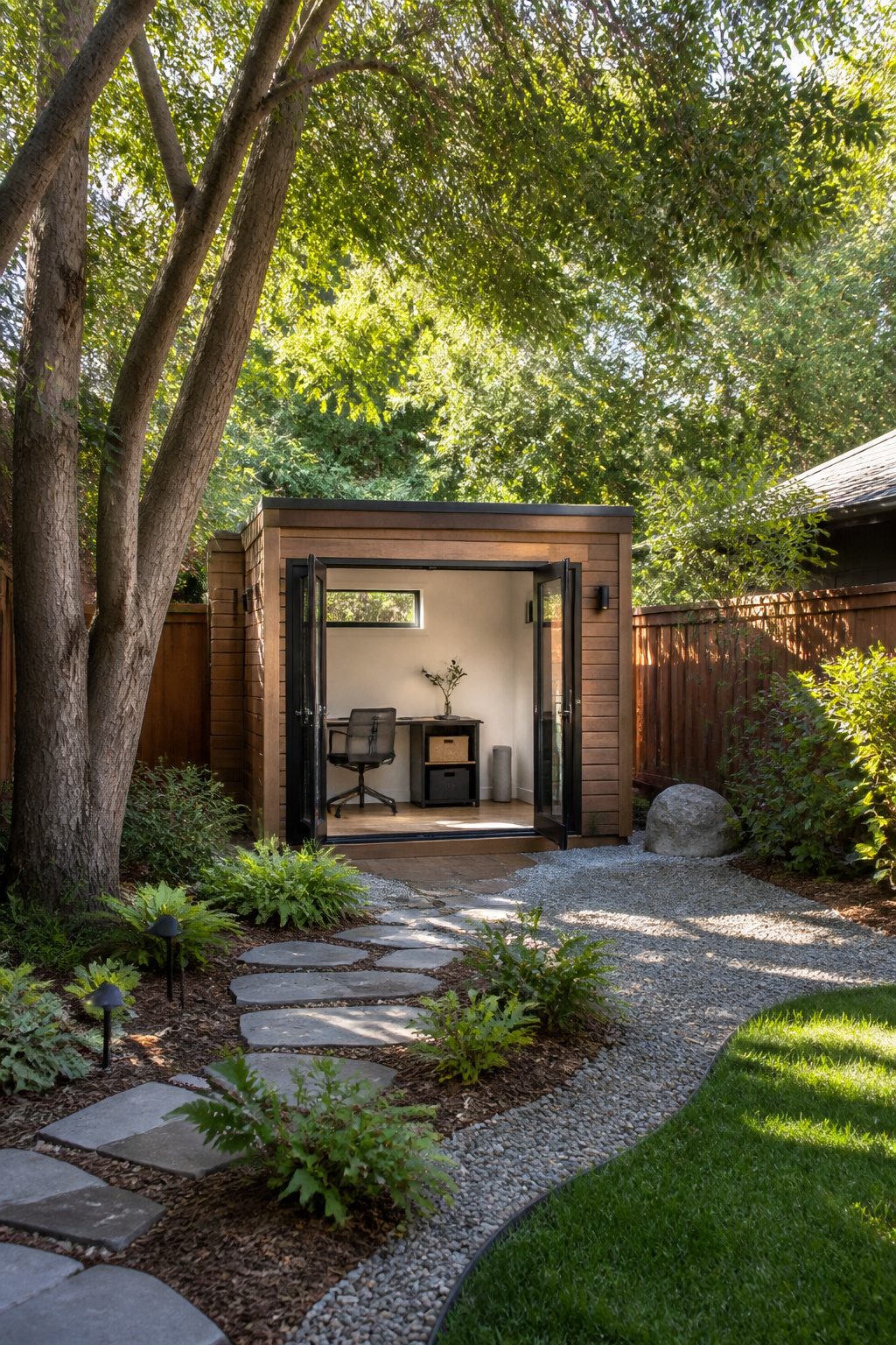 A small standalone office pod in a backyard.