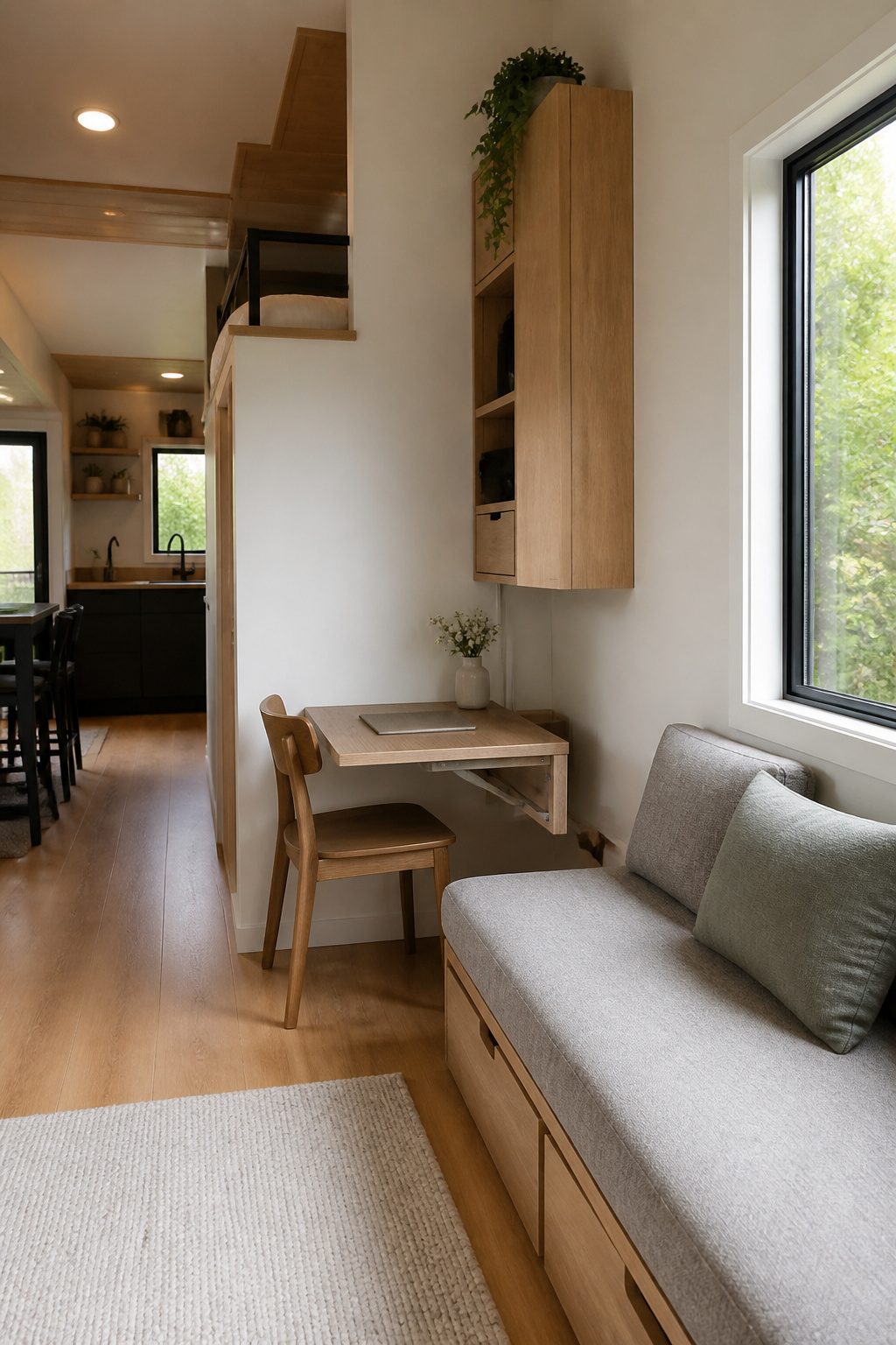 A small office space with a wall-mounted desk and a sofa bed.