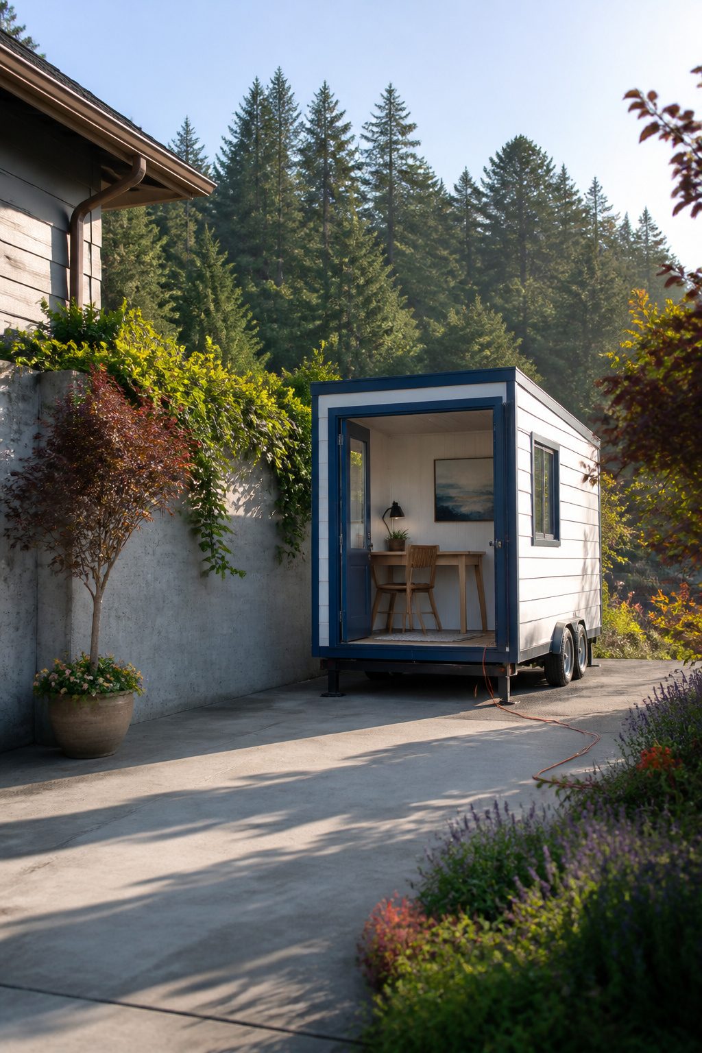 A tiny office on wheels parked in a scenic area.