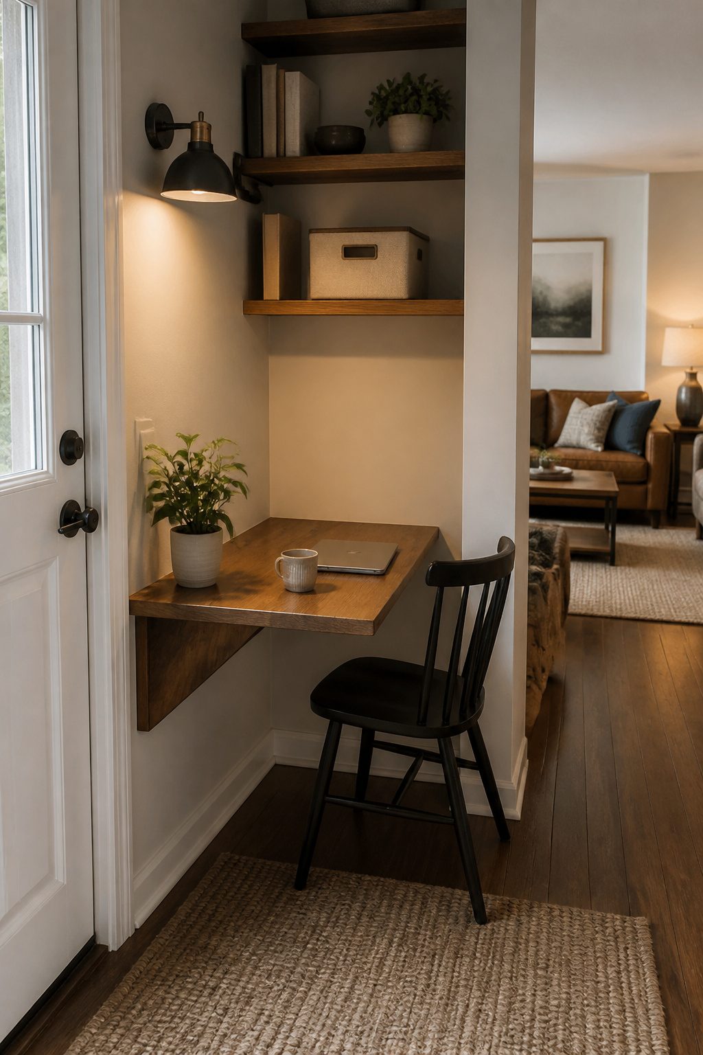 A corner workspace with a drop-leaf desk and open shelving.