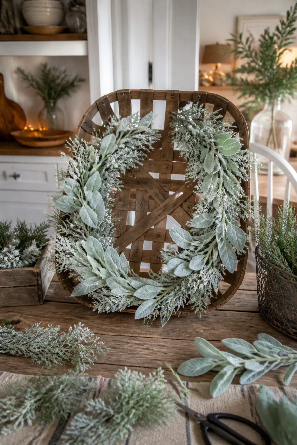 Tobacco Basket Christmas Wreath: 6 Steps for a Farmhouse Holiday Look 3 A tobacco basket wreath decorated with frosted lamb's ear and greenery.