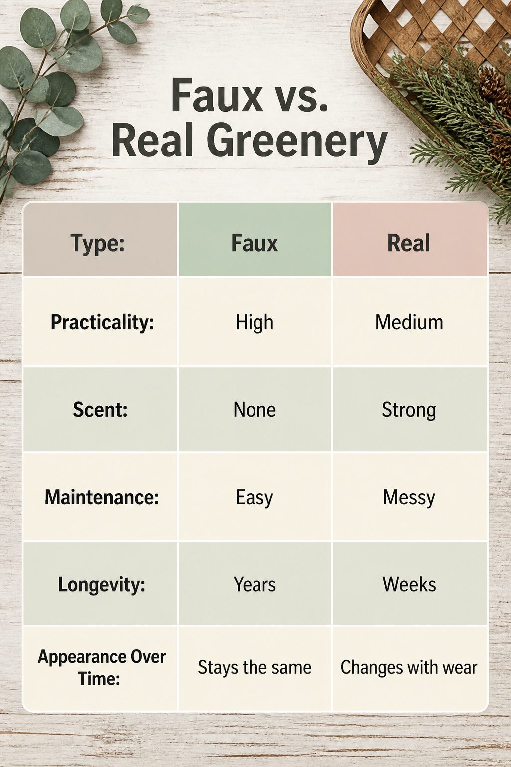 Tobacco Basket Christmas Wreath: 6 Steps for a Farmhouse Holiday Look 10 Comparison of faux and real greenery for wreath decoration.