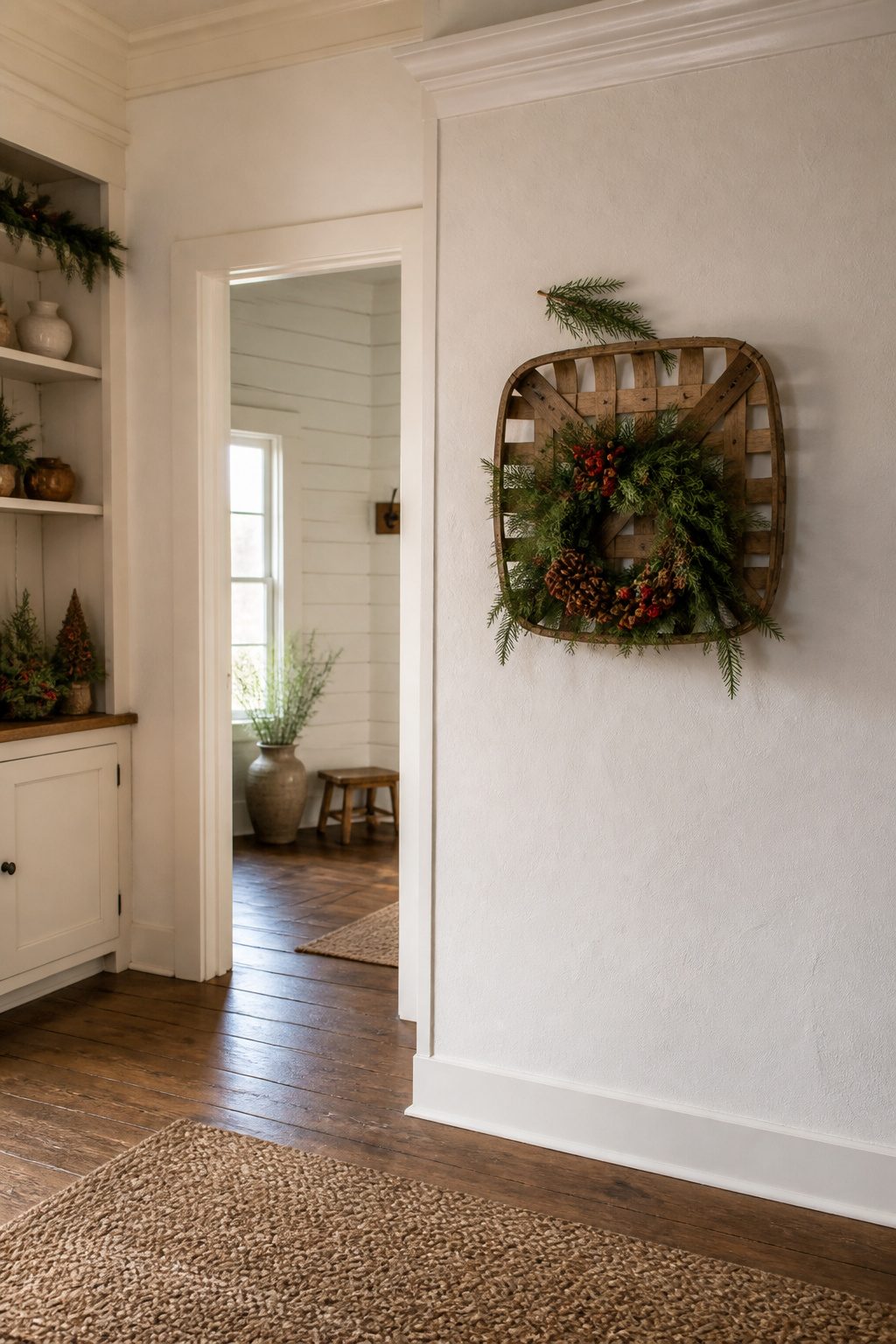 Tobacco Basket Christmas Wreath: 6 Steps for a Farmhouse Holiday Look 6 A tobacco basket wreath hanging on a wall with a wire loop.