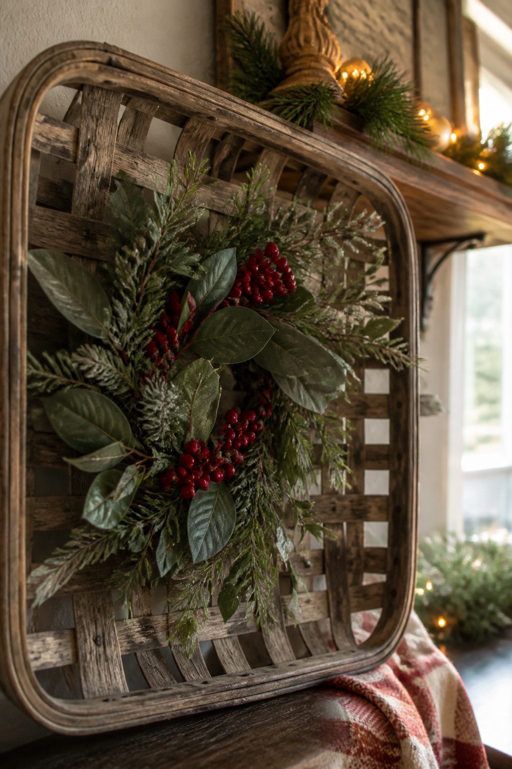 Tobacco Basket Christmas Wreath: 6 Steps for a Farmhouse Holiday Look 4 A tobacco basket wreath featuring holly berries and a small sign.